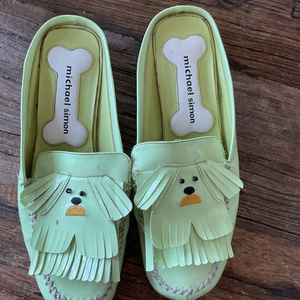 Michael Simon Green leather mules with beautiful dog face